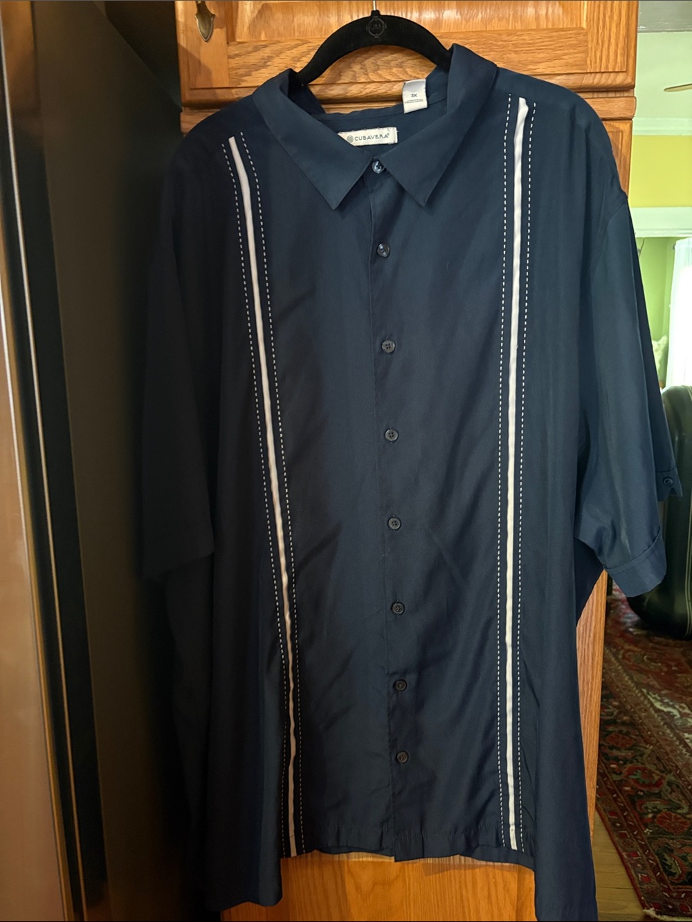 Cubavera Navy Short-Sleeve Button-Down Shirt with White Pinstripes